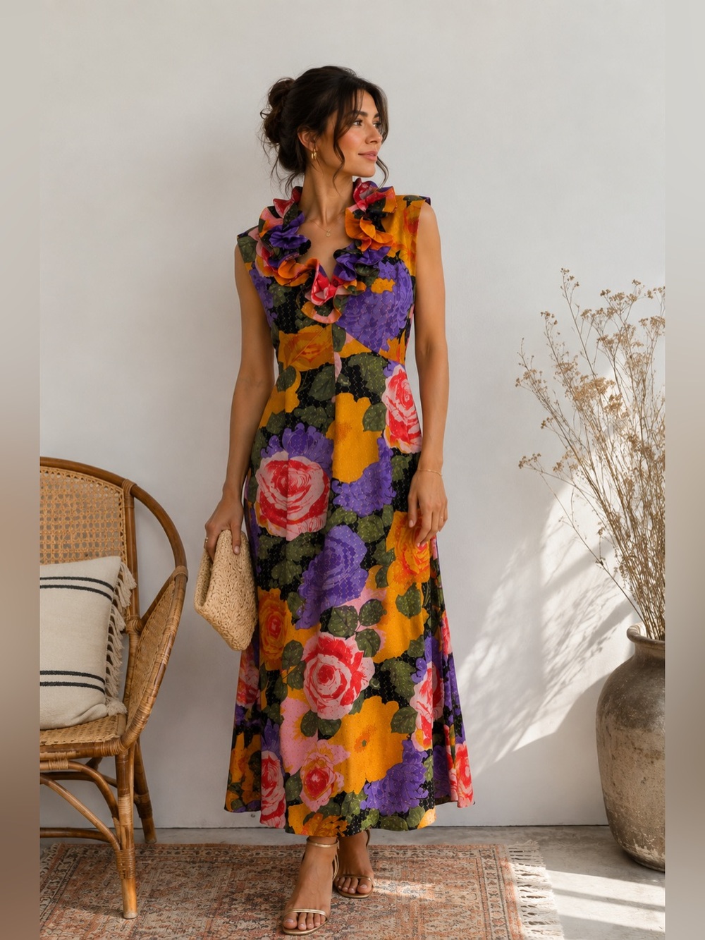 Vintage 1960s Aline Maxi Dress with Ruffle Neckline Gold Metallic Flower Power